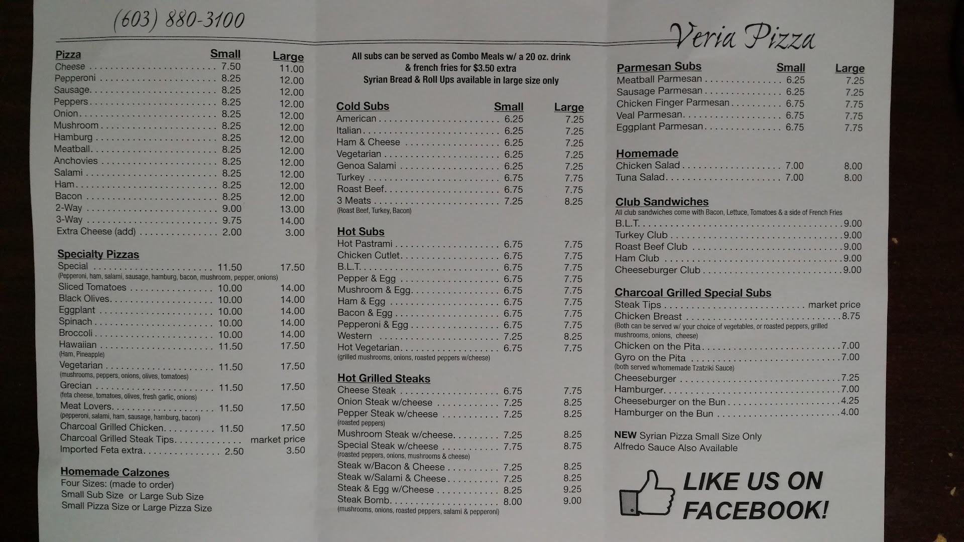 Veria Pizza Charcoal & Grill Restaurant Menu